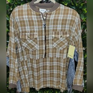 Brown plaid pull over w/ denim accents